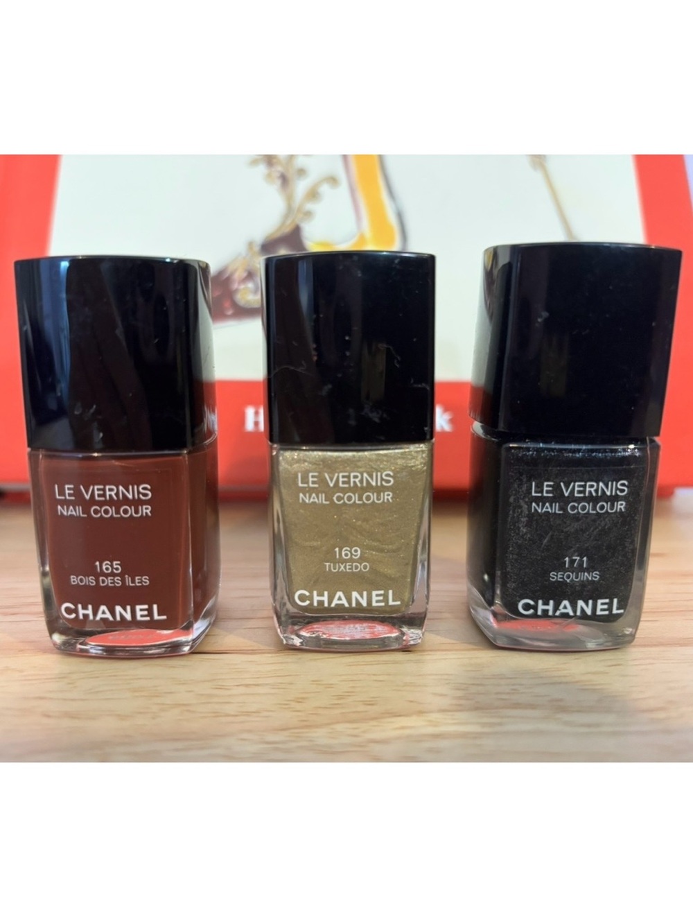 Three CHANEL Le Vernis Nail Polish-Tuxedo, sequins, and Bois Des Les-New